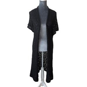 Coldwater Creek Black Crochet Knit Long Open Front Cardigan 1X Whimsigoth Witchy